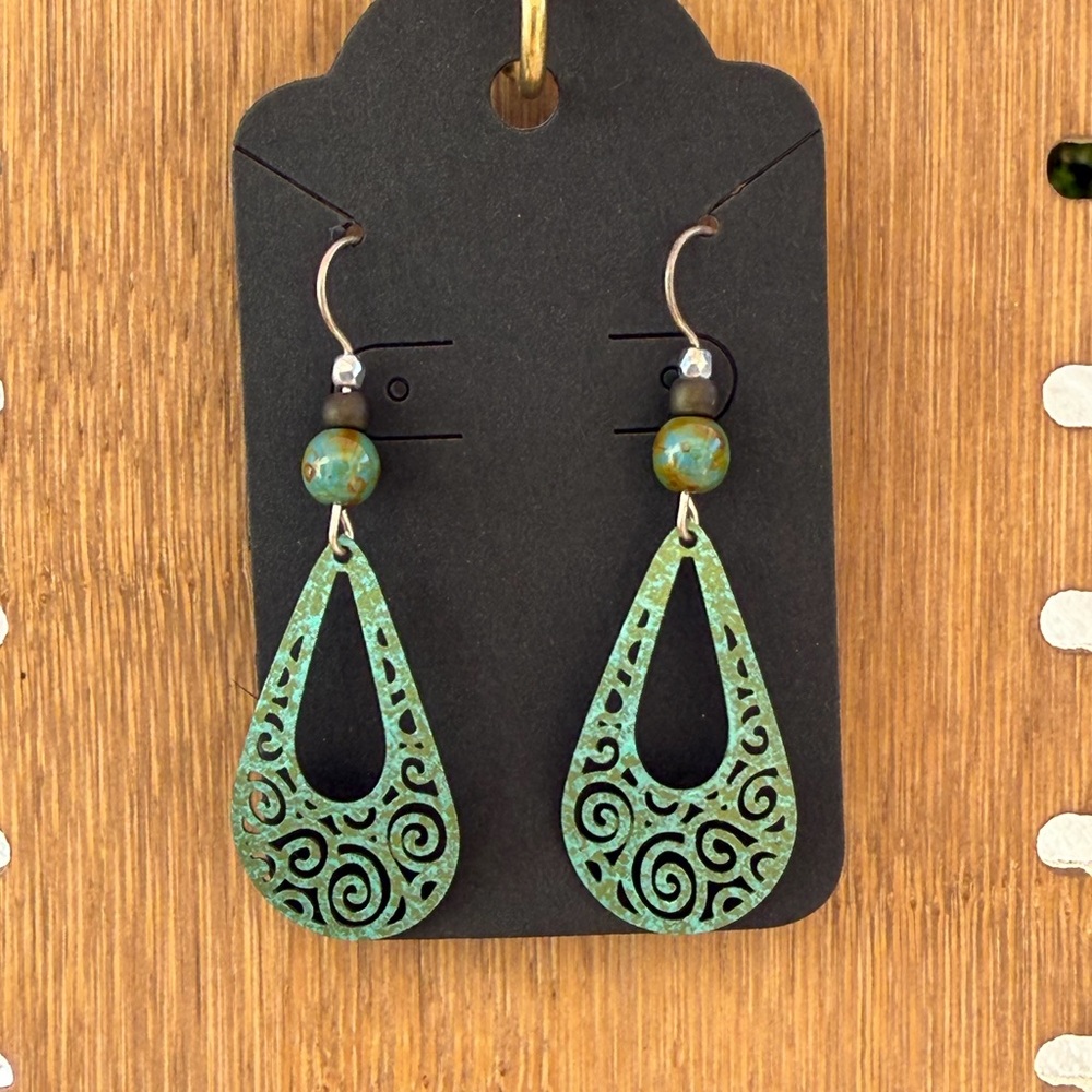 Filigree Green Metal Teardrop Dangle Earrings